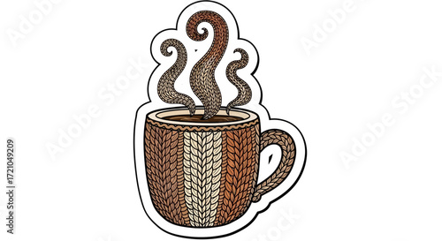 Cozy Knitted Mug Filled with Steaming Hot Coffee or Tea, Perfect for a Cold Winter Day