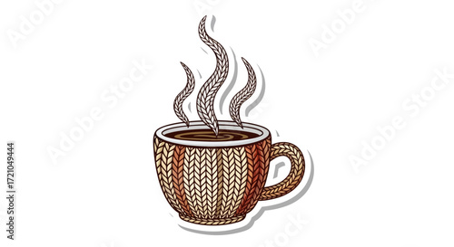 An inviting illustration of a steaming hot drink, presented in a uniquely textured knit mug, evoking comfort and warmth for a perfect relaxing break