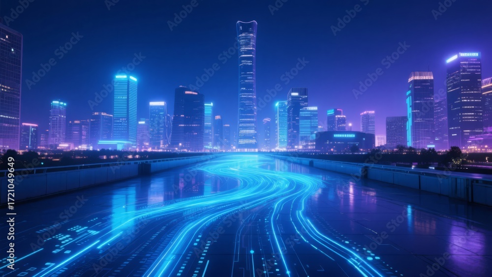 Fototapeta premium Tech City with Data Streams and Smart Transportation for a Future Metropolis PPT Background