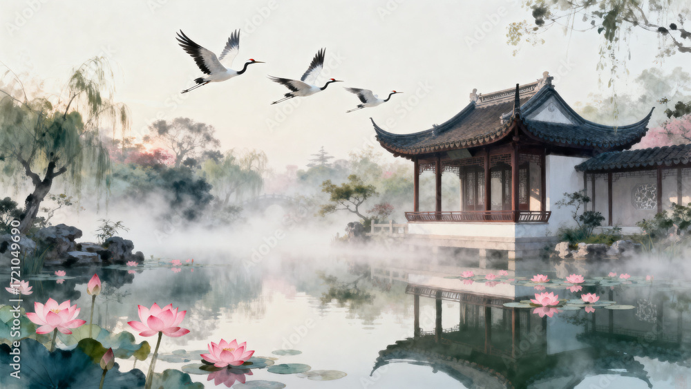 Obraz premium Misty Chinese Garden with Cranes