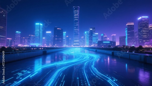Tech City with Data Streams and Smart Transportation for a Future Metropolis PPT Background