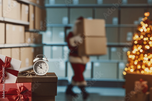 Santa Claus in the warehouse on Christmas Eve