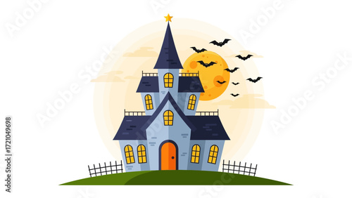 Spooky Mansion at Halloween: A classic depiction of a haunted house, silhouetted against the bright orange of a full moon and the silhouettes of bats flying.
