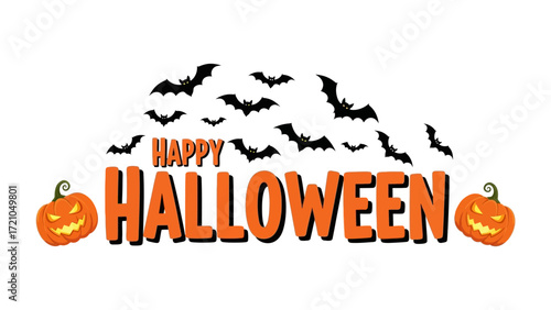 Halloween Celebration: A vibrant digital artwork spells out 'Happy Halloween', adorned with grinning pumpkins, eerie bats, capturing the essence of the spooky season.