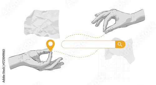 Illustration of hands interacting with a search bar and location pin, suggesting online search and local discovery.