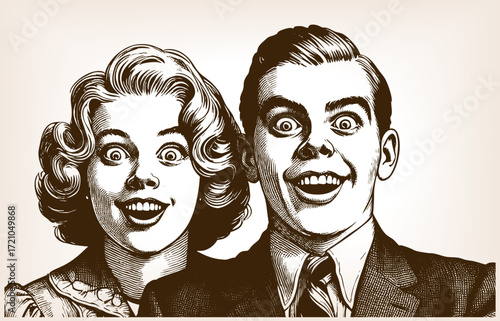 cheerful man and woman, both with exaggerated wide grins and energetic comic expressions in retro fashion sketch engraving generative ai fictional character vector. Scratch board. Black and white.
