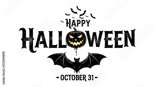 Happy Halloween: An eerie yet inviting illustration with pumpkin, bat and lettering with creative halloween elements. Celebrating the spirit of fright and fun!