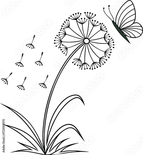 Delicate line art dandelion puff with a small butterfly nearby