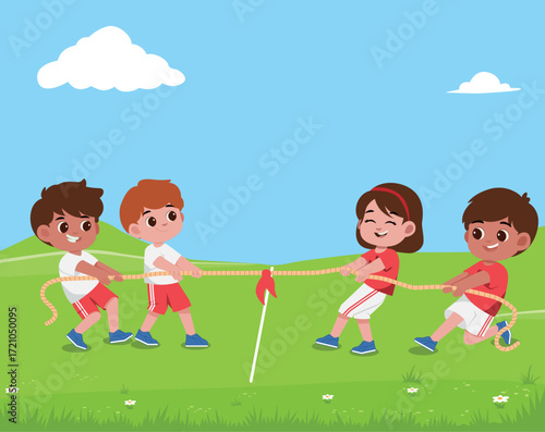 Cheerful kids playing fun games on summer day. Group of happy children playing tug of war, standing on green lawn, holding and pulling rope, trying to win victory for their team. Fun, teamwork concept