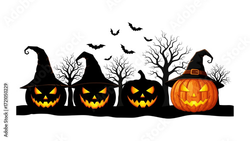 Spooky Halloween Pumpkins: Four intricately carved pumpkins, adorned with witch hats and menacing grins, stand silhouetted against a backdrop of bare trees and fluttering bats.