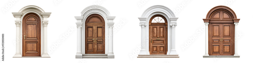 Obraz premium Elegant Wood Doors: Architectural Entrance Collection on White