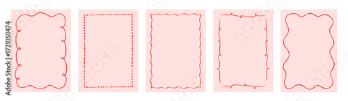 Christmas hand drawn border frames. Xmas trendy vintage backgrounds in red and pink colors with whimsical lines. Minimalist holiday posters, invitation, greeting card. Vector illustration.