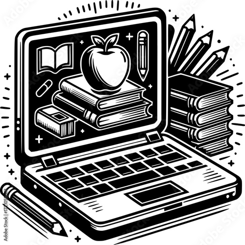 Online Education Laptop with Books and Apple Black and White Vector Illustration SVG