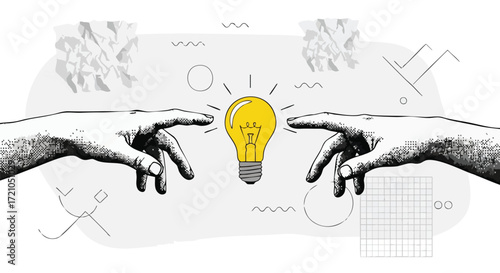 Two hands touching a lightbulb, symbolizing ideas, innovation, and collaboration in business.