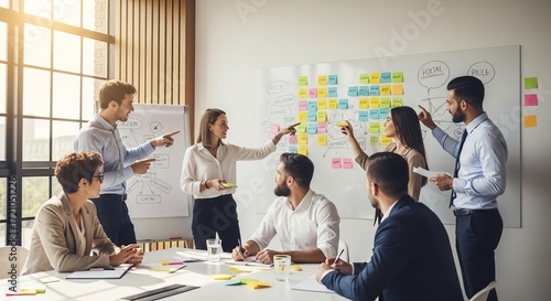 Team Collaboration in Office with Sticky Notes on Whiteboard