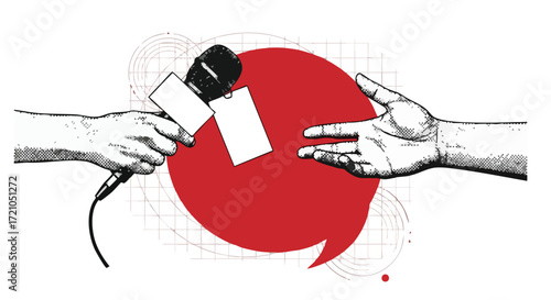 Illustration of a microphone being handed to a person with a red speech bubble in the background.