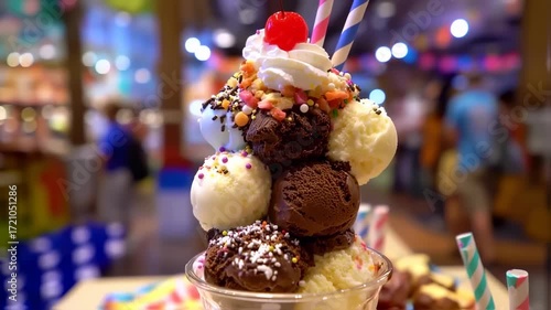 Colorful ice cream sundae with whipped cream, sprinkles, and a cherry on top