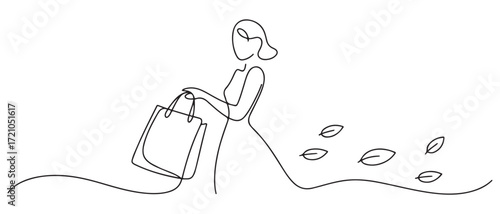 Continuous one single line drawing Woman with shopping bag. one line Icon drawing with white background