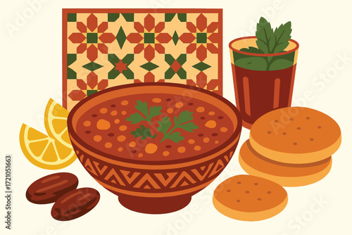 Harira Moroccan Soup Vector Illustration with Bowl Lentils Chickpeas and Traditional Serving Elements