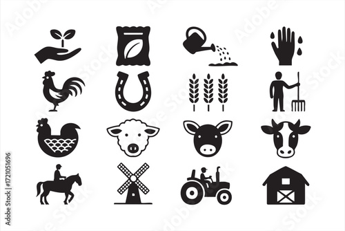 Vector icon collection of rural agriculture symbols with harvest and livestock animals