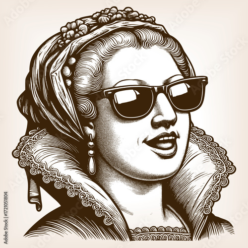 Renaissance noblewoman, humorously modernized with dark sunglasses for a quirky, playful effect sketch engraving generative ai fictional character vector illustration. Scratch board. Black and white.