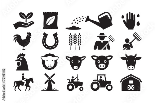 Farm animals and tractor icons set with barn, crops, seeds and rural agriculture tools