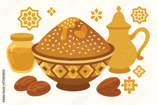 Sellou Moroccan Dessert Vector Illustration with Almonds Honey and Decorative Serving Elements