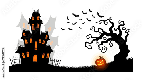 Spooky Halloween Night: A haunted house silhouette stands ominously with bats and a ghoulish jack-o'-lantern under a eerie tree, conjuring visions of a frightening Halloween night.