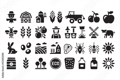 Black vector farming lifestyle symbols pack with pig, cow, chicken and rustic items