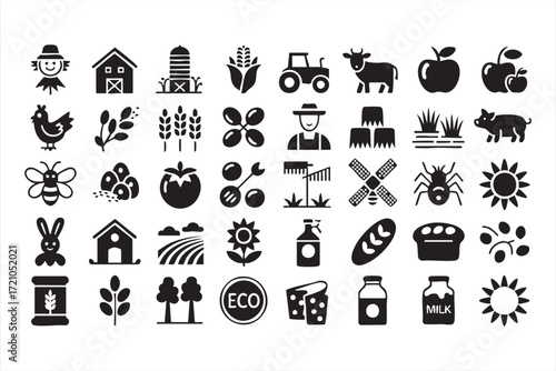 Farm animals and food icons set with crops, barn, tractor, milk, cheese and bread