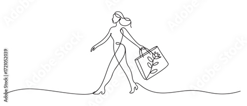 Continuous one single line drawing Woman with shopping bag. one line Icon drawing with white background