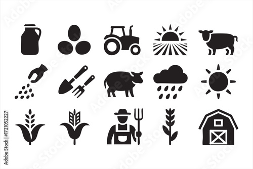 Black silhouette farming vector illustrations with eggs, milk, sun and rural lifestyle