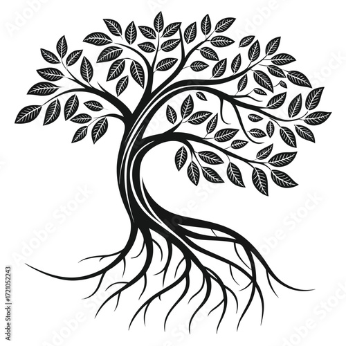 Stylized black tree with visible roots and detailed leaves on a white background branches