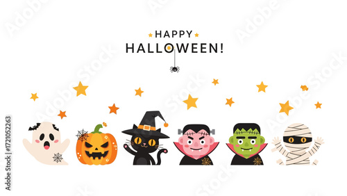 Happy Halloween: Spooky figures conjure the spooky season in a cute illustration, embodying joy and thrills of the holiday.