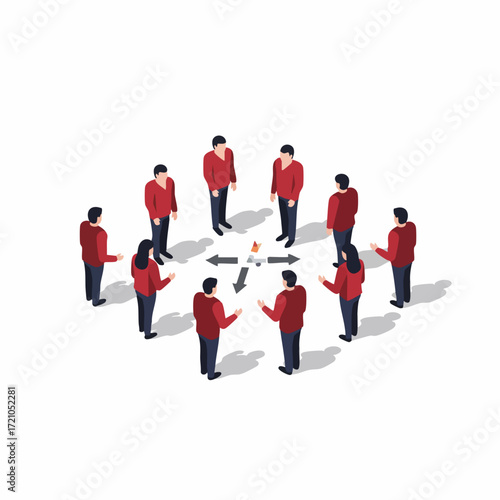 Isometric Perspective People Circling Arrows Discussion Teamwork Collaboration Illustration