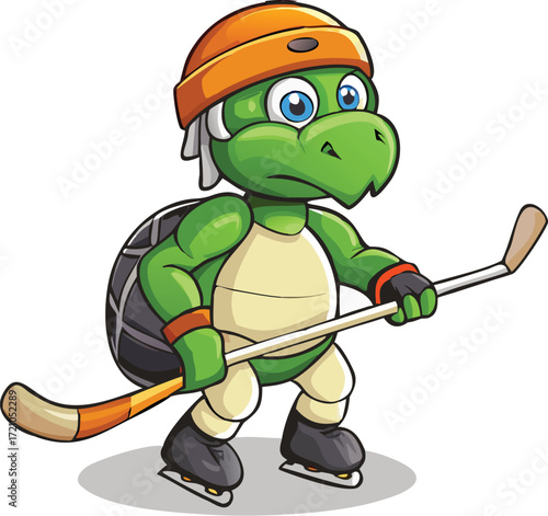 A funny cartoon vector illustration of a tortoise on a skateboard with a baseball bat and a smile