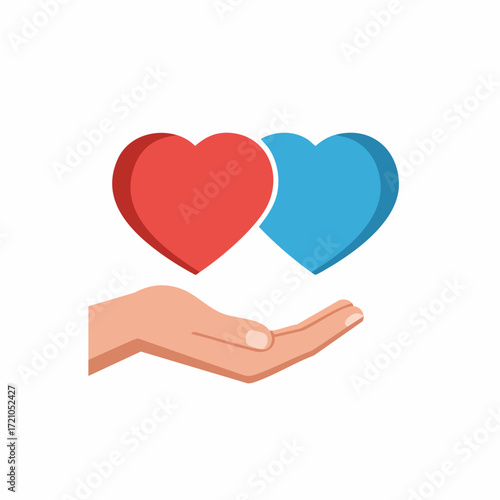 Flat Style Two Hearts in Hand Concept of Care Charity