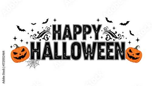Halloween Celebration: A festive Happy Halloween graphic with grinning jack-o'-lanterns, spooky bats, and a spiderweb, perfect for conveying the joy and spirit of the Halloween season.