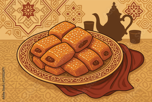 Makrout Pastry Vector Illustration with Date Filling, Sesame Seeds and Moroccan Geometric Background