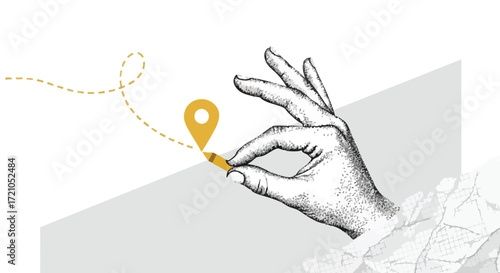 Hand holding a location pin with a dotted line leading to it.