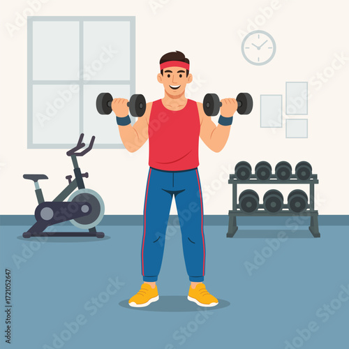 Young male fitness athlete lifting dumbbell next to spin bike and dumbbell rack; strength training, workout, bodybuilding, fitness lifestyle, gym equipment, flat vector illustration.