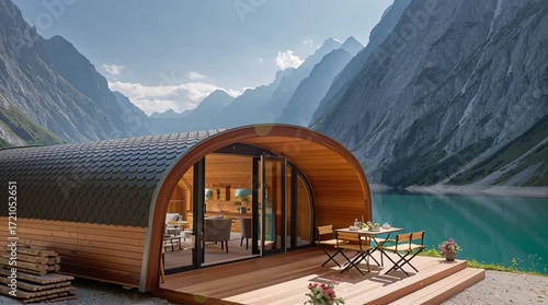 Cabin Retreat: A serene cabin nestled beside a tranquil lake, showcasing the seamless integration of architectural beauty and nature's grandeur.