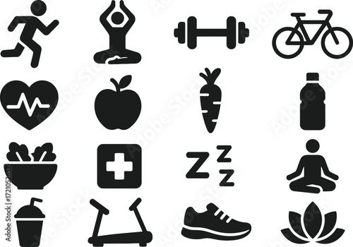 Healthy Lifestyle Solid Black Vector Icon Set Collection on White Background