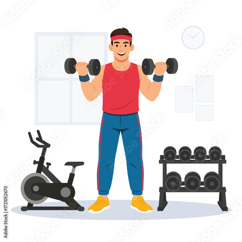 Athletic young man lifting dumbbell beside spin bike and dumbbell rack — strength training, gym workout, bodybuilding, fitness, healthy lifestyle, exercise, gym equipment, flat vector illustration.