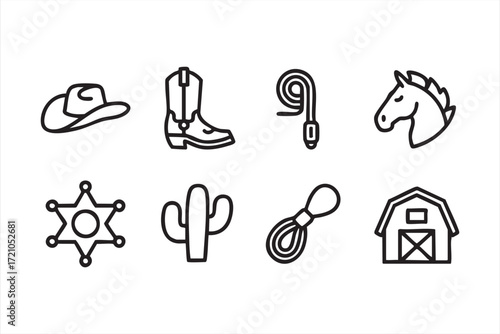 Rustic cowboy lifestyle icons set with cactus, rope, horse and barn graphics