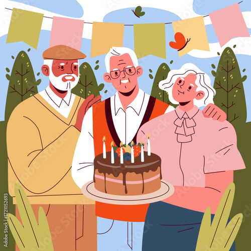 Elderly Group Celebrates Birthday with Cake Outdoors