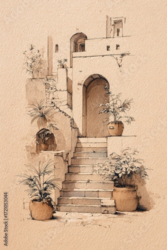 Mediterranean building staircase with potted plants watercolor ink sketch