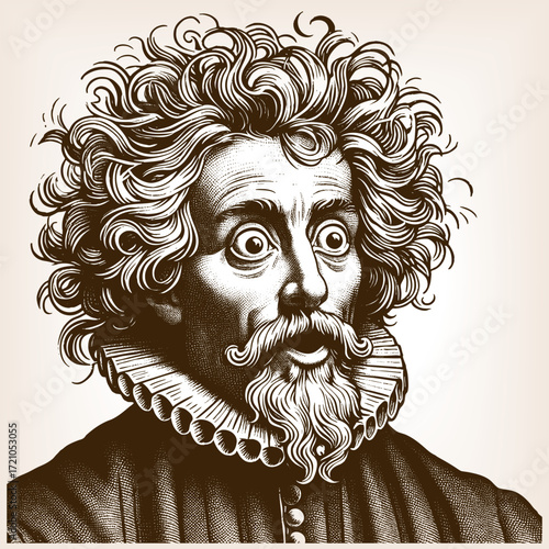 surprised nobleman with wild curly hair, ruffled collar, mustache, and beard, showing exaggerated comic expression sketch engraving generative ai vector illustration. Scratch board. Black and white.