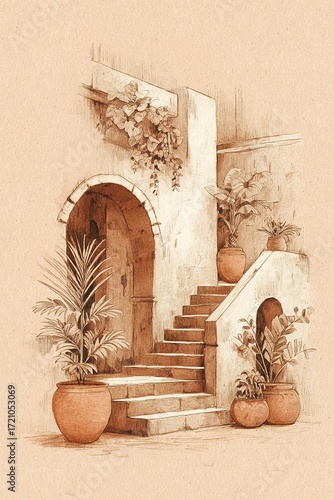 Mediterranean architecture sketch drawing with potted plants