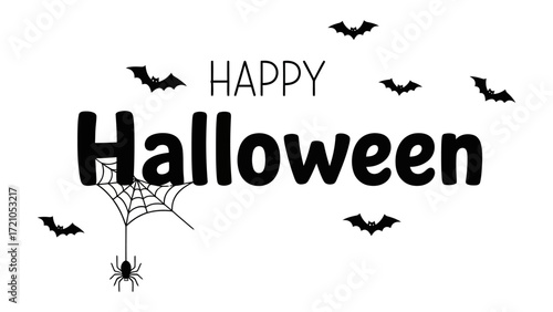 Happy Halloween Celebration: A spooky and festive Happy Halloween text design is enhanced with a charming spider, spider web, and eerie bat, creating a truly atmospheric and captivating experience.